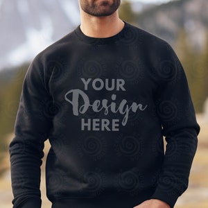Gildan 18000 Black Mockup Sweatshirt Mens Model Mockup Mountain Mocks 18000 Male Gildan Sweater Mockup Fall Sweatshirt Mockup 18000 Outdoor
