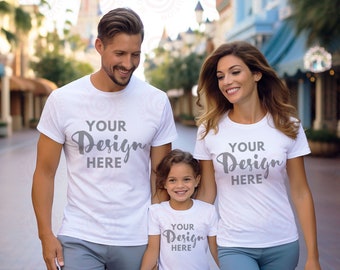 Wit Bella Canvas 3001 mockup familie leeg wit T-shirt Bella Canvas 3001 familie model mockup gezin van 3 moeder en ik Bijpassend T-shirt herfst