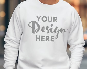 May include: White sweatshirt with the text "YOUR Design HERE" printed in gray on the front.