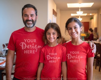 May include: A family of three wearing red t-shirts with the text "YOUR Design HERE" printed on them. The father is standing in the middle with his arms around his two children.