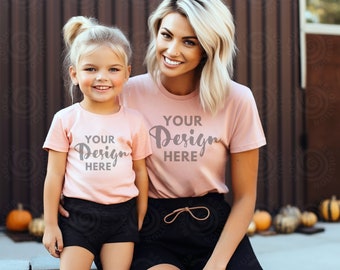 Mommy and Me Mockup Pink Bella Canvas 3001 Mockup T-Shirt Mock up Mom Daughter Mockup Kids Halloween Mockup Bella Christmas shirt Mockup