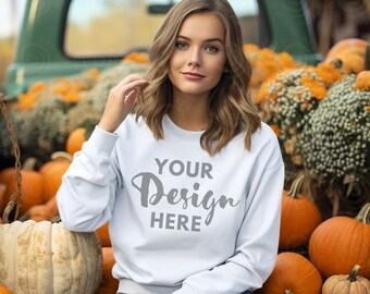Gildan 18000 Sweatshirt Mockup White Sweatshirt Mockup Heavy Blend Sweatshirt Gildan White Sweatshirt Fall Mockup Halloween Mockup Outdoor