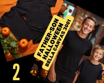 May include: Two black t-shirts, one larger than the other, are laid out on a textured orange surface. The shirts are blank and ready for customization. A yellow banner with the text "Father-Son Halloween Bella Canvas 3001" is partially visible in the image.