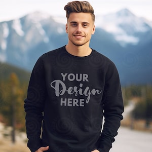 Gildan 18000 Black Mockup Sweatshirt Mens Model Mockup Mountain Mocks 18000 Male Gildan Sweater Mockup Fall Sweatshirt Mockup 18000 Outdoor