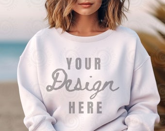 Gildan 18000 Mockup Gildan White Sweatshirt Mockup White Gildan Crewneck Mockups Sweatshirt Model Mockup Heavy Blend Sweater Beach Mock ups