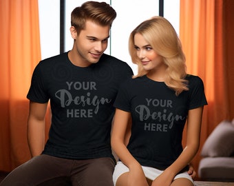 Casal Modelo Mockups Preto Bella Canvas 3001 Camiseta Preta Mockup Casal Mockup Camisa Masculina e Feminina Mockups Modelo Mockup Camisa 3001 Preta