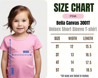 Tabella delle taglie Bella Canvas 3001T Tabella delle taglie rosa per bambini Tabella delle taglie Bella e Canvas 3001T Tabella delle taglie per bambini Mockup Kid Tshirt Guida alle taglie Mock
