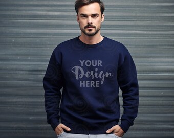 Gildan 18000 Navy Mockup Male Gildan Sweater Mockup Sweatshirt Mens Model Mockup Gildan 18000 Unisex Navy Sweatshirt Gildan 18000 Man Mock