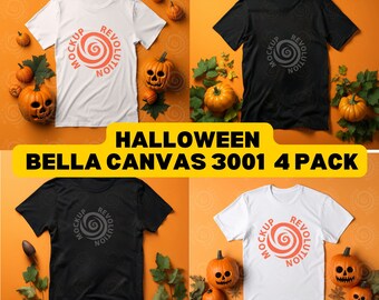 May include: Four Bella Canvas 3001 t-shirts in black and white, with a Halloween-themed design featuring a swirl with the text "MOCKUP REVOLUTION". The shirts are displayed on a bright orange background with fall decorations, including pumpkins and leaves.