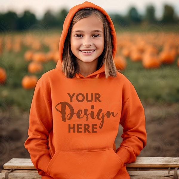 Orange Gildan 18500B Mockup Hooded Sweatshirt Halloween Hoodie Child G18500B Gildan Mock Kids Halloween Sweater Mockup Fall Autumn Kids Mock