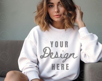 Gildan 18000 Mockup Gildan White Sweatshirt Mockup White Gildan Crewneck Mockups Sweatshirt Model Mockup Heavy Blend Sweater Mock ups