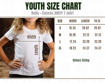 Bella Canvas 3001Y Größentabelle Kindergröße Größentabelle Mockup Bella und Canvas Größentabelle Mockup Kinder-T-Shirt Größentabelle Mock-Ups