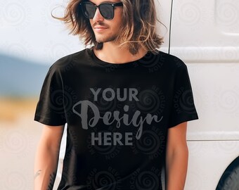 Black Bella Canvas 3001 Mockup Male Model Mockup T-Shirt Mockup 3001 Male Model Mockup Lifestyle Mock up Black Tee Mockup Outdoor Lifestyle
