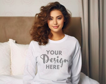 Gildan 18000 Mockup White Mockup Gildan 18000 White Crewneck Mockup T-shirt Mockup Female Model 18000 Mockup 18000 Model Mockup Fall