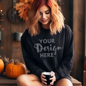 Gildan 18000 Black Mockup Female Gildan Sweater Mockup Sweatshirt Woman Model Mockup Halloween Mocks 18000 Fall Sweatshirt Mockup 18000 Mock