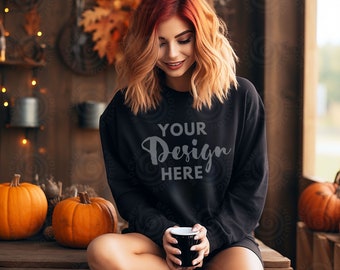 Gildan 18000 Black Mockup Female Gildan Sweater Mockup Sweatshirt Woman Model Mockup Halloween Mocks 18000 Fall Sweatshirt Mockup 18000 Mock