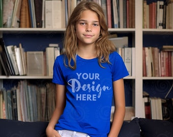 True Royal Bella Canvas 3001Y Youth Girl Tshirt Mockup, Kids T-shirt Mock Up, t shirt for child children BC BC3001Y Tee mock-ups