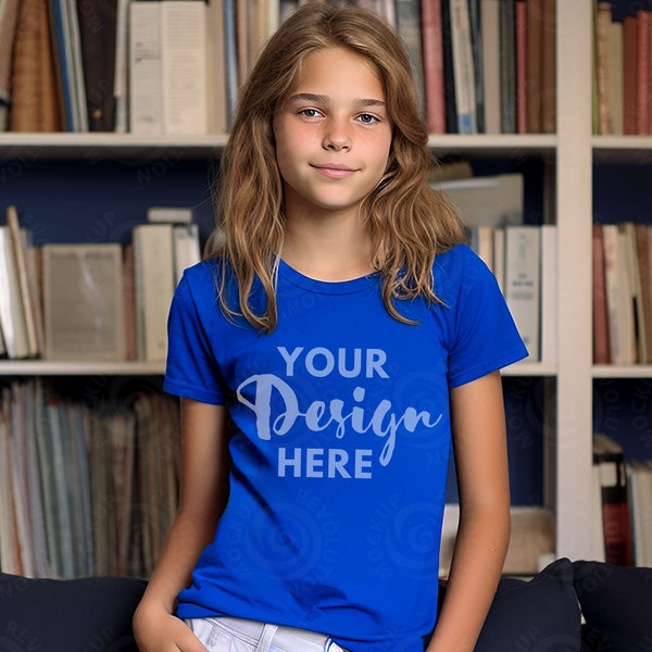 True Royal Bella Canvas 3001Y Youth Girl Tshirt Mockup, T-shirt per bambini Mock Up, maglietta per bambini BC BC3001Y Tee mock-u a