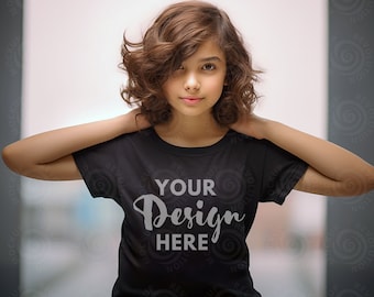 Gildan 5000B Black Youth Girl Shirt Mock Up Black T-Shirt Mockup Gildan 5000b Mock ups American Child Model Gildan Black Fall Mockups