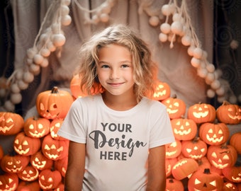 Gildan 5000B White Girl Shirt Mock Up White T-Shirt Mockup Kids Digital Mocks American Child Model Gildan Black Fall Halloween Mocks