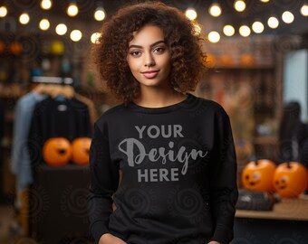 Gildan 18000 Black Mockup Sweatshirt Woman Model Mockup Female Gildan Sweater Mockup Halloween Mocks 18000 Fall Sweatshirt Mockup 18000 Mock