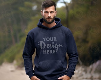 Maqueta de sudadera con capucha azul marino Gildan 18500 Maqueta de modelo para hombre 18500 Maqueta de sudadera con capucha azul marino Gildan Modelo de sudadera con capucha Maqueta de modelo Estilo de vida al aire libre