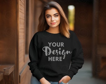 Gildan 18000 Mockup Gildan Black Sweatshirt Mockup Sweatshirt Model Mockup Black Gildan Crewneck Mockups Heavy Blend Sweater Fall Mockup