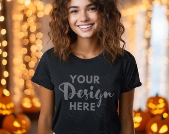 Bella Canvas 3001 Maqueta negra Maqueta de modelo femenino Maqueta de camiseta negra de Halloween 3001 Maqueta de mujer 3001 Maqueta de otoño Maqueta de camiseta de Halloween 3001 Otoño