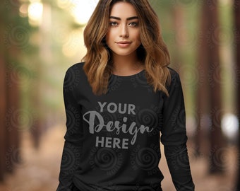 Black 3501 bella canvas long sleeve shirt female model mockup tee mockups shirt Xmas women's mock up long sleeve mock Outdoor Flower Mockups