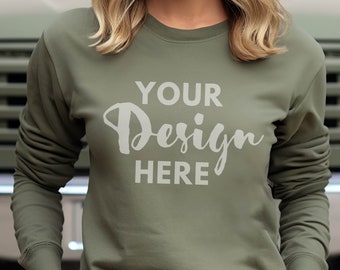 Gildan 18000 Military Green Mockup Sweatshirt Woman Model Mockup Female Gildan Sweater Mockup Halloween Mocks 18000 Fall Sweatshirt Mock POD