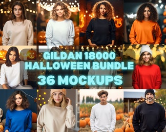 Gildan 18000 Halloween Mockup-paket 18000 Tröjpaket Gildan Modellmockuper Gildan 18000-paket Höst Halloween-tröja Mockup för utomhusbruk