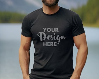 Black Bella Canvas 3001 Mockup T-Shirt Mockup Male Model Mockup 3001 Man Shirt Mockup Nature Mockup Woods White Tee Mock Outdoor Fall Mockup