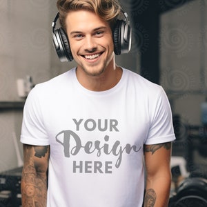 Gildan 5000 Mockup White Gildan Shirt White Mockup White Tshirt Mockup 5000 Male Model Mockup Unisex Tee Mock Gildan 5000 Mock Up Lifestyle