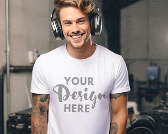 Gildan 5000 Mockup White Gildan Shirt White Mockup White Tshirt Mockup 5000 Male Model Mockup Unisex Tee Mock Gildan 5000 Mock Up Lifestyle