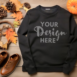 Zwarte Gildan 18000 platliggend mockup zwart sweatshirt mockup Gildan ronde hals mockup herfst Gildan 18000 mockup zware mix trui FlatLay mockup