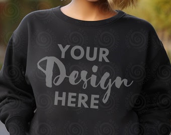 Gildan 18000 Mockup Gildan Black Sweatshirt Mockup Sweatshirt Model Mockup Black Gildan Crewneck Mockups, Lifestyle Heavy Blend Sweater Mock