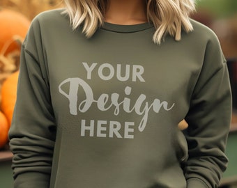 Gildan 18000 Mockup Gildan Military Green Sweatshirt Mockup Sweatshirt Model Mockup Military Green Gildan Crewneck Mockups Fall Outdoor