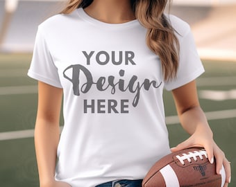 White Gildan 5000 Mockup T-shirt Mockup Female Model Gildan 5000, Mockup 5000 T Shirt, football mockup, White Tshirt, football mom