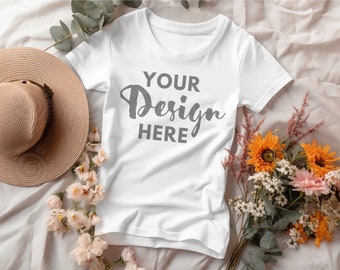 White flat lay T shirt Mock up Gildan Flatlay Mockup White Gildan 5000 Tshirt Mockup White T-Shirt Flat Lay mock up Summer Fall Flower Mock