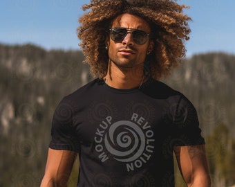 Black Bella Canvas 3001 Mockup Male Model Mockup T-Shirt Mockup 3001 Man T-shirt Mockup Lifestyle Mockup Black Tee Mockup Outdoor Mountains
