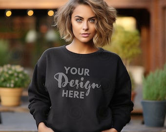 Gildan 18000 Mockup Gildan Black Sweatshirt Mockup Sweatshirt Model Mockup Black Gildan Crewneck Mockups, Lifestyle Heavy Blend Sweater Mock