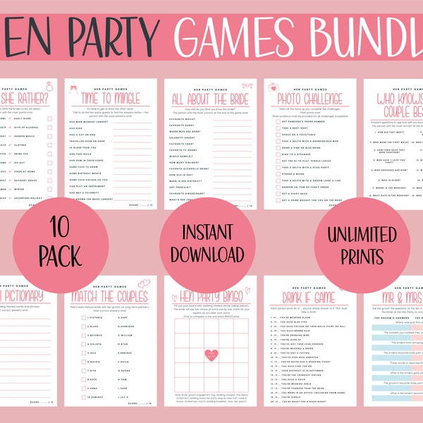 Hen Party Games Galore: DIGITAL DOWNLOAD Ten-Pack of Unique and Entertaining Activities for the Bride Squad - Family Friendly edition!