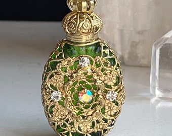 Heavenly Emerald Green Miniature Jeweled Perfume Bottle with Rhinestones and - Lovely Filigree Design, Craftsmanship