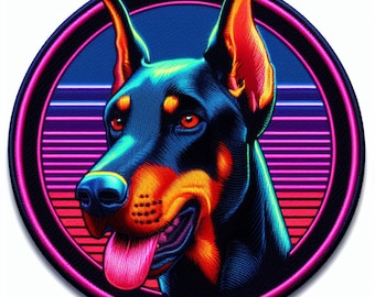 Doberman Patch Printed Embroidered Base Iron-on/Sew-on Applique for Backpack Clothing Denim Jeans Jacket, Dog Puppy K9 Canine Neon Colorful