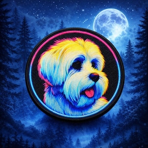 Maltese Patch Printed Embroidered Base Iron-on/Sew-on Applique for Backpack Clothing Denim Jeans Jacket, Dog Puppy K9 Canine Neon Colorful