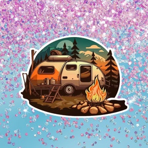 Camping by Fire Sticker, RV decal, Forest Sticker, Auto Truck Window Bumper Vinyl Sticker Decal, Laptop sticker, Water Bottle Stickers, DIY