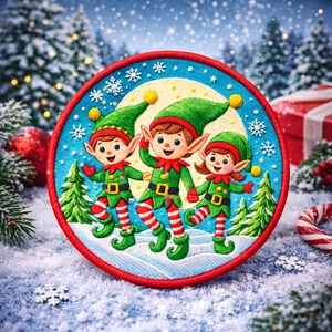 Dancing Elves Patch Iron-on Sew-on Applique for Jacket Backpack Jeans Vest Clothing Stocking Bag, Christmas Tree Patch, Festive Snowflake