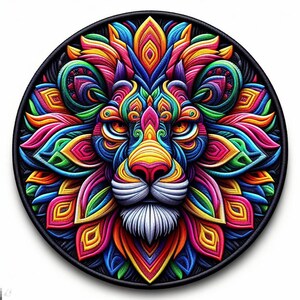 May include: A colorful, intricate mandala design featuring a lion's face in the center. The lion's mane is made up of vibrant, swirling patterns in shades of pink, blue, green, yellow, and orange. The background is black.