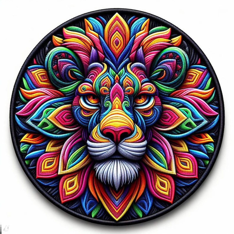 May include: A colorful, intricate mandala design featuring a lion's face in the center. The lion's mane is made up of vibrant, swirling patterns in shades of pink, blue, green, yellow, and orange. The background is black.