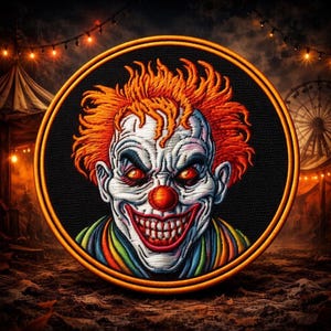 May include: Embroidered patch featuring a menacing clown face with orange hair, red eyes, and a wide, sinister grin. The patch is round with a black background and an orange border, evoking a carnival or circus theme.